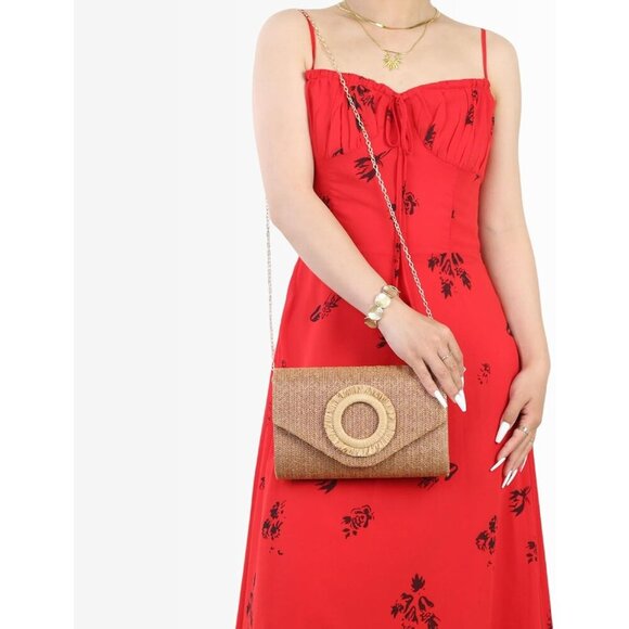 Women\'s Tan Summer Woven Beach Bag Envelope Evening Handbags Straw Clutch